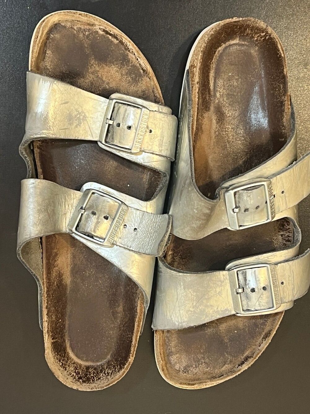 BIRKENSTOCK Womens Arizona Leather Sandals Washed Metallic Silver Suede 42 10.5